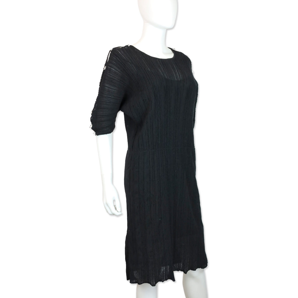Salvatore Ferragamo Black Ruched Knit Teardrop Crystal Short Sleeve Midi Dress