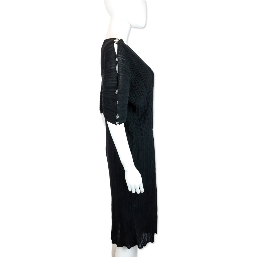Salvatore Ferragamo Black Ruched Knit Teardrop Crystal Short Sleeve Midi Dress
