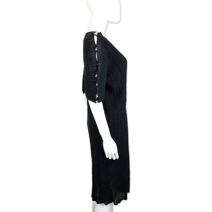 Salvatore Ferragamo Black Ruched Knit Teardrop Crystal Short Sleeve Midi Dress