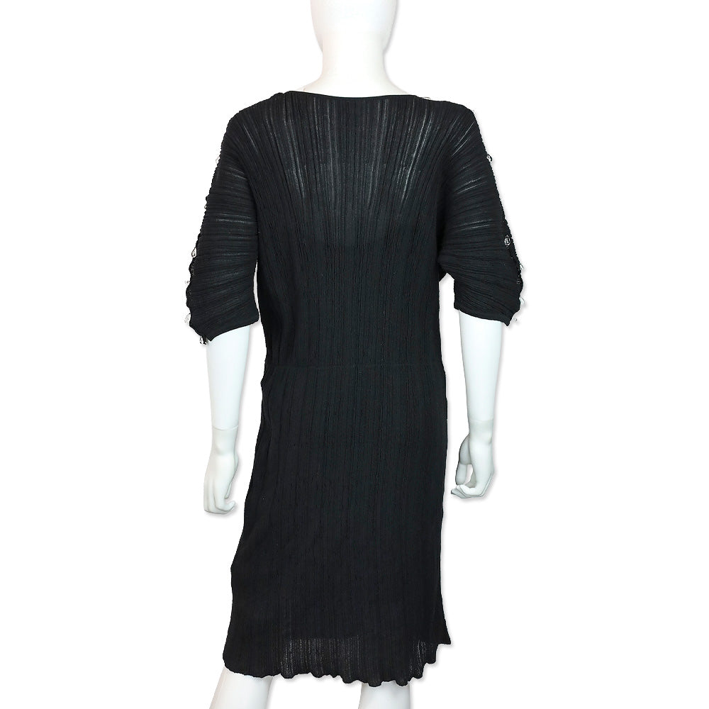 Salvatore Ferragamo Black Ruched Knit Teardrop Crystal Short Sleeve Midi Dress