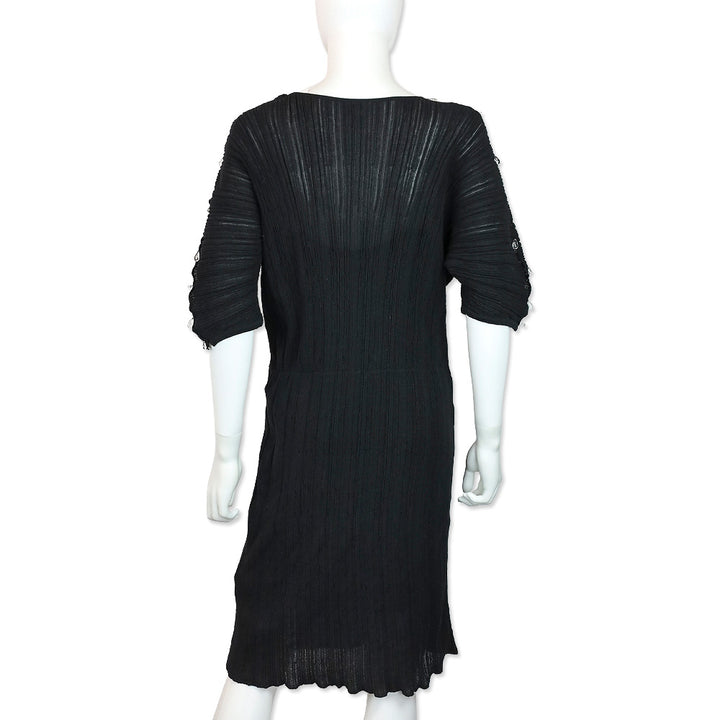 Salvatore Ferragamo Black Ruched Knit Teardrop Crystal Short Sleeve Midi Dress