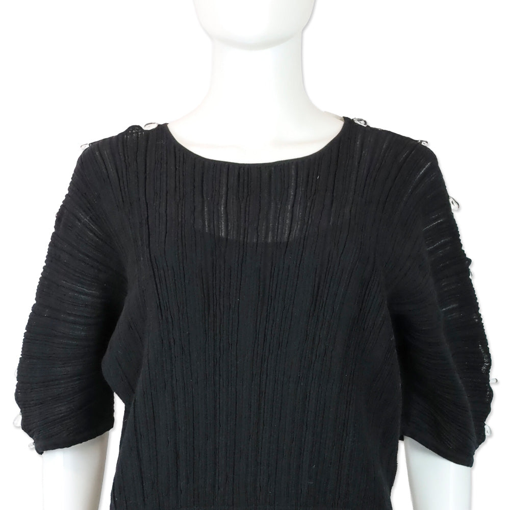 Salvatore Ferragamo Black Ruched Knit Teardrop Crystal Short Sleeve Midi Dress