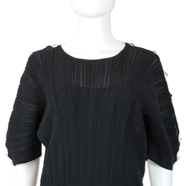 Salvatore Ferragamo Black Ruched Knit Teardrop Crystal Short Sleeve Midi Dress