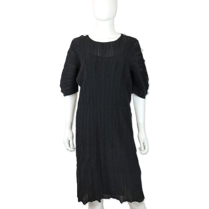 Salvatore Ferragamo Black Ruched Knit Teardrop Crystal Short Sleeve Midi Dress