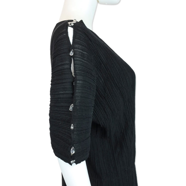 Salvatore Ferragamo Black Ruched Knit Teardrop Crystal Short Sleeve Midi Dress