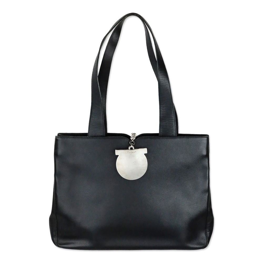 Salvatore Ferragamo Black Saffiano Leather Gancini Chain Tote