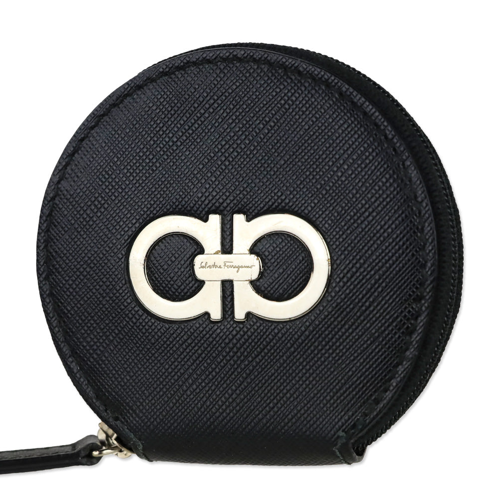 Salvatore Ferragamo Black Saffiano Leather Gancini Circle Coin Purse