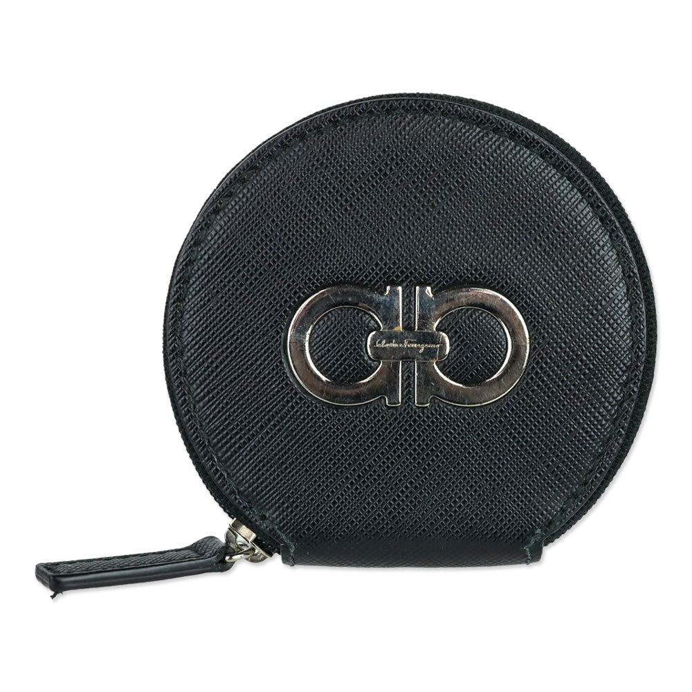 Salvatore Ferragamo Black Saffiano Leather Gancini Circle Coin Purse