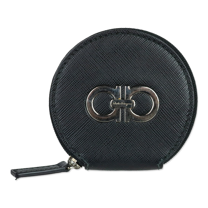 Salvatore Ferragamo Black Saffiano Leather Gancini Circle Coin Purse