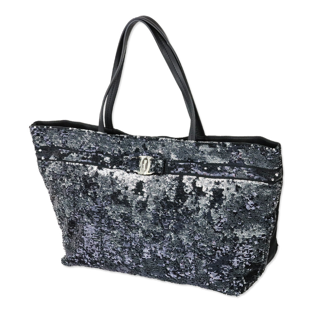 Salvatore Ferragamo Black Sequins and Nylon Vara Bow Tote