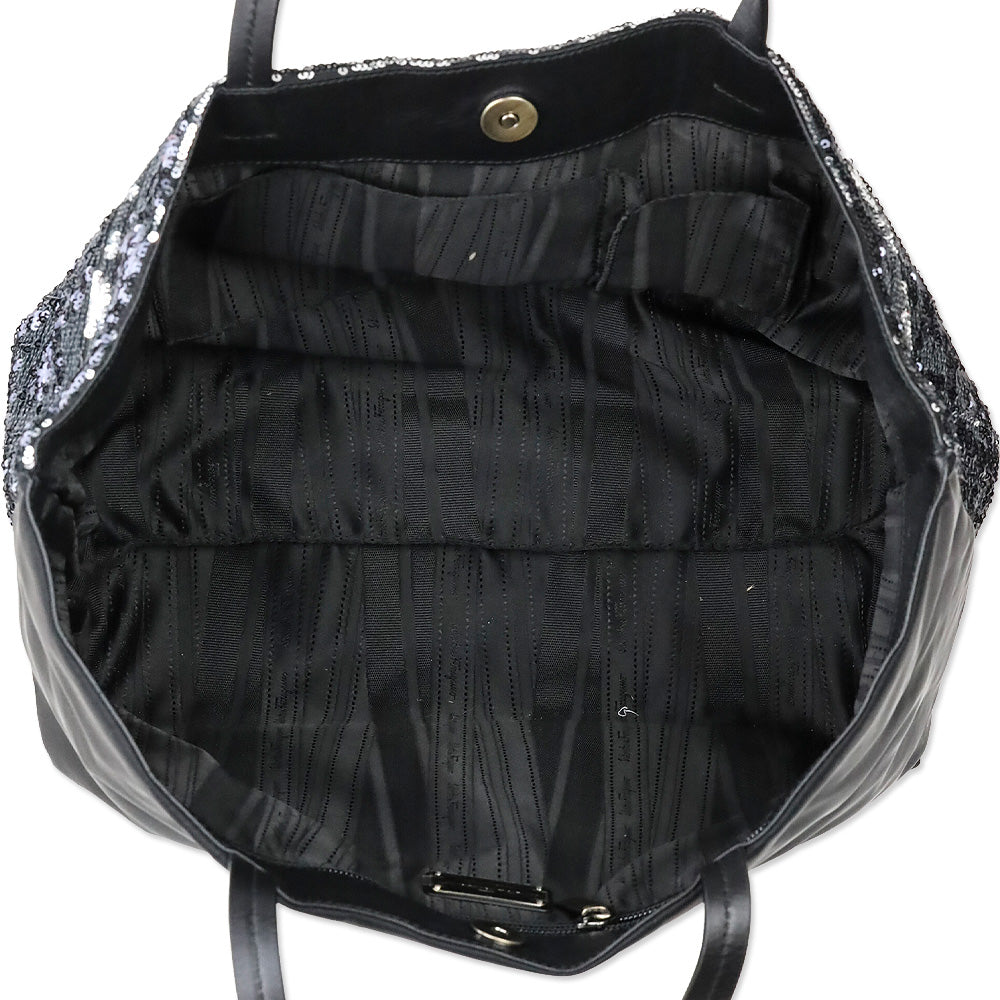 Salvatore Ferragamo Black Sequins and Nylon Vara Bow Tote