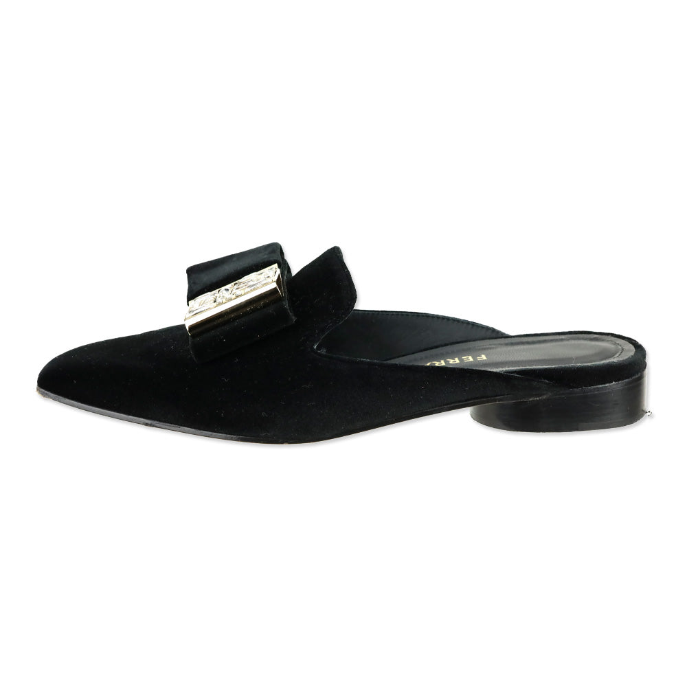 Salvatore Ferragamo Black Velvet Crystal Bow Accent Mule