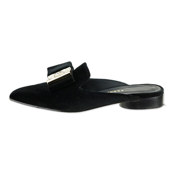 Salvatore Ferragamo Black Velvet Crystal Bow Accent Mule