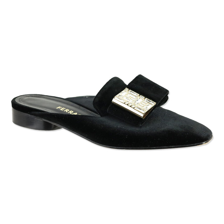 Salvatore Ferragamo Black Velvet Crystal Bow Accent Mule