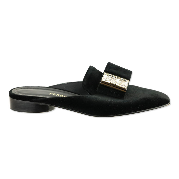 Salvatore Ferragamo Black Velvet Crystal Bow Accent Mule