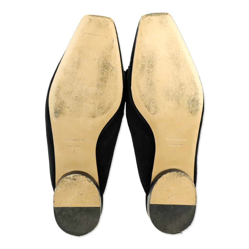 Salvatore Ferragamo Black Velvet Crystal Bow Accent Mule