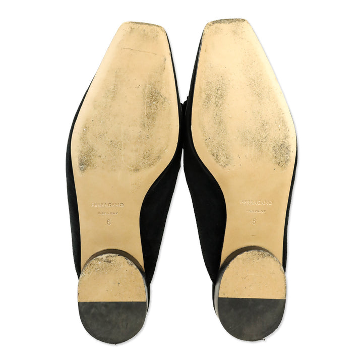 Salvatore Ferragamo Black Velvet Crystal Bow Accent Mule