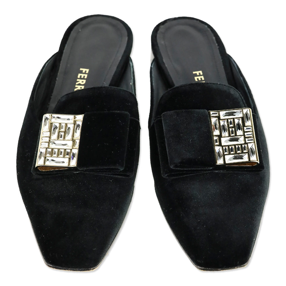 Salvatore Ferragamo Black Velvet Crystal Bow Accent Mule
