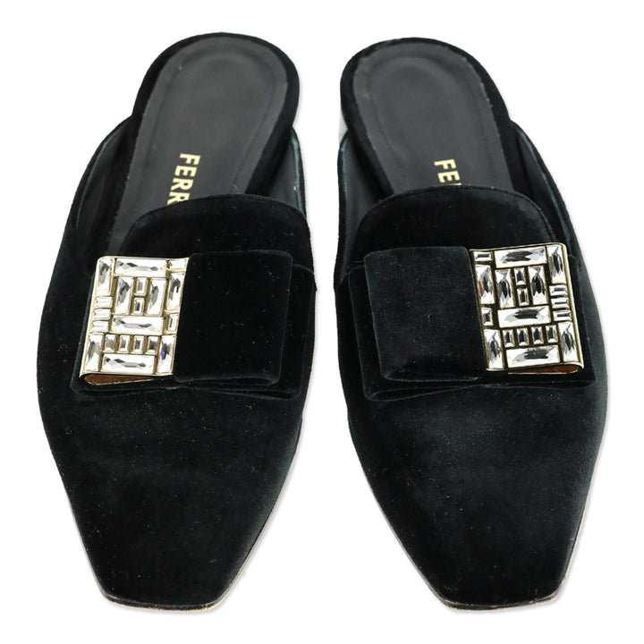 Salvatore Ferragamo Black Velvet Crystal Bow Accent Mule