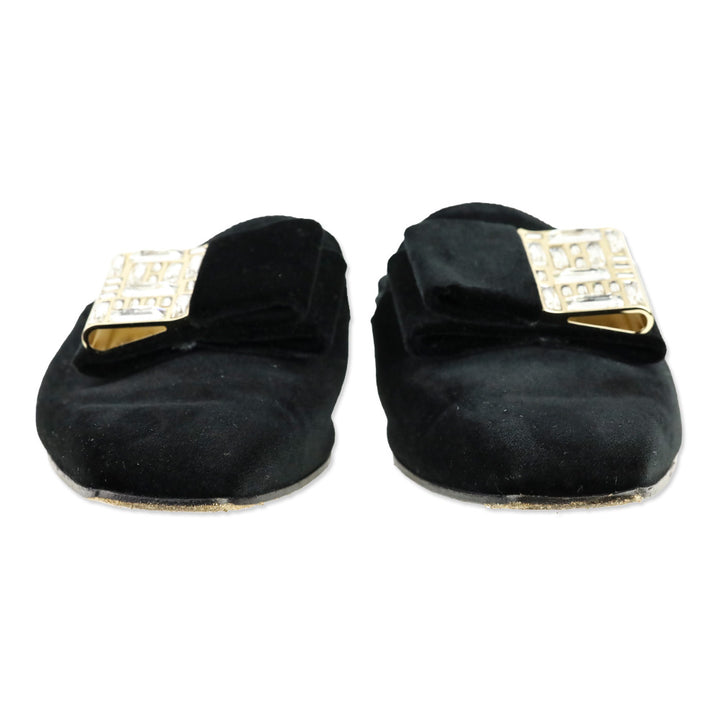 Salvatore Ferragamo Black Velvet Crystal Bow Accent Mule