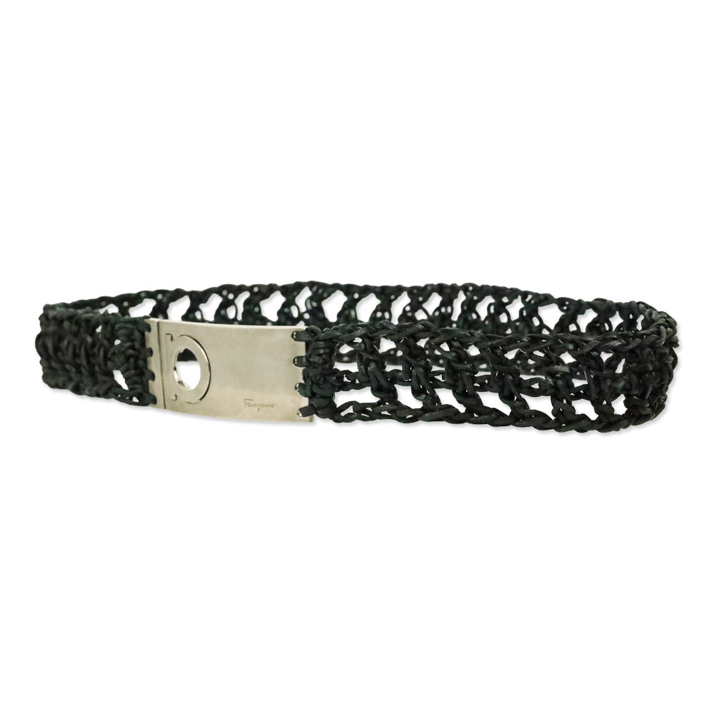 Salvatore Ferragamo Black Woven Leather Belt with Silver Logo Buckle
