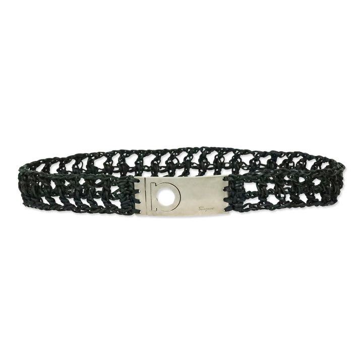 Salvatore Ferragamo Black Woven Leather Belt with Silver Logo Buckle