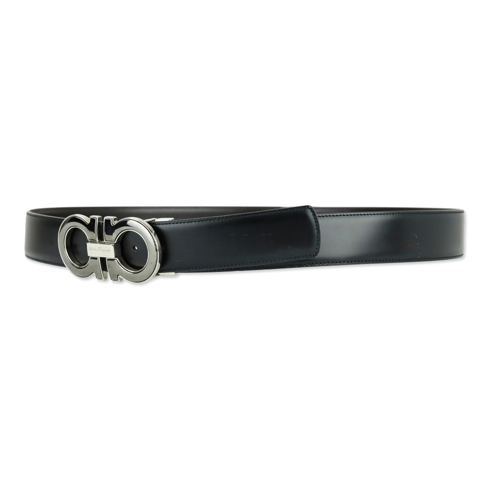 Salvatore Ferragamo Black/Auburn Reversible and Adjustable Double Gancini Belt