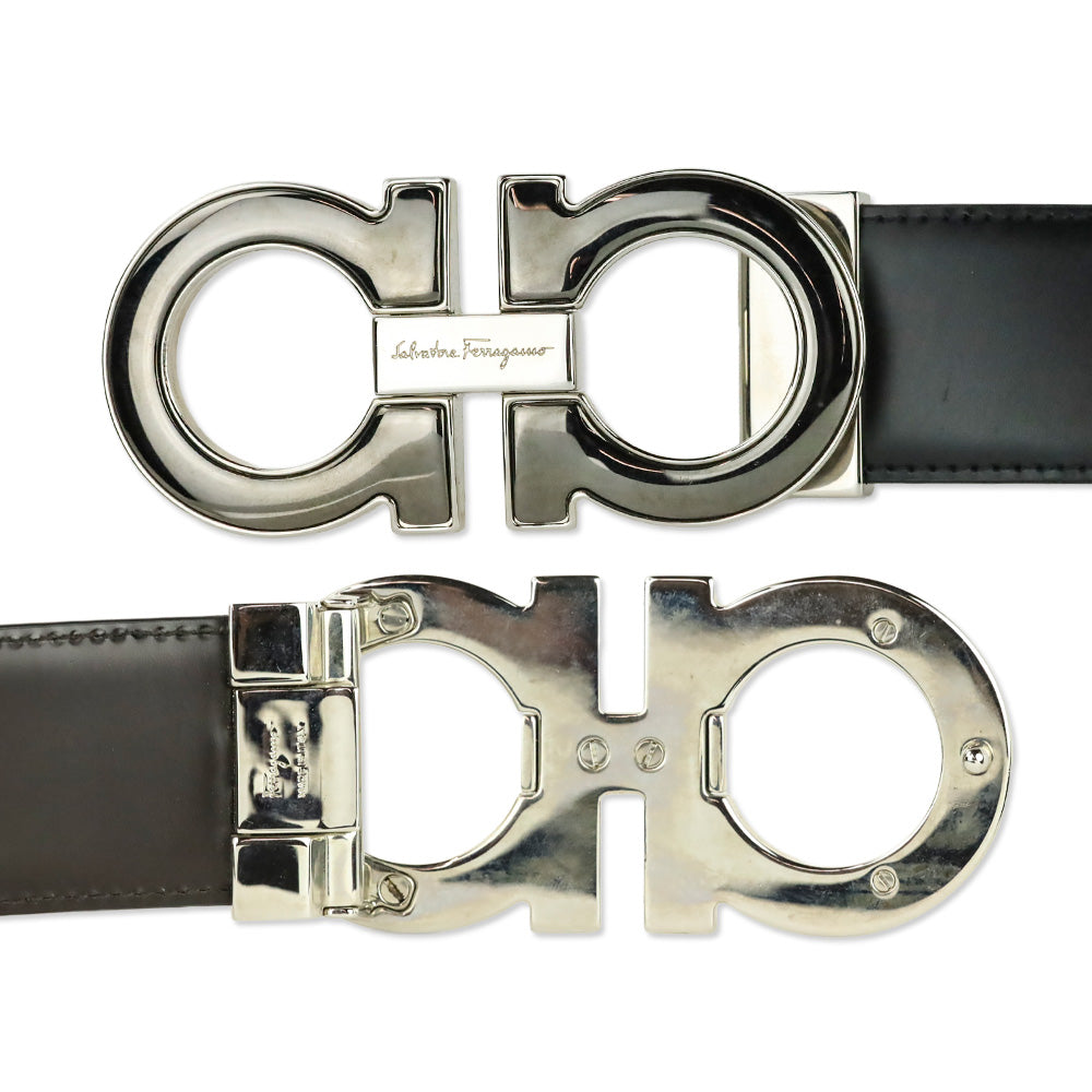 Salvatore Ferragamo Black/Auburn Reversible and Adjustable Double Gancini Belt