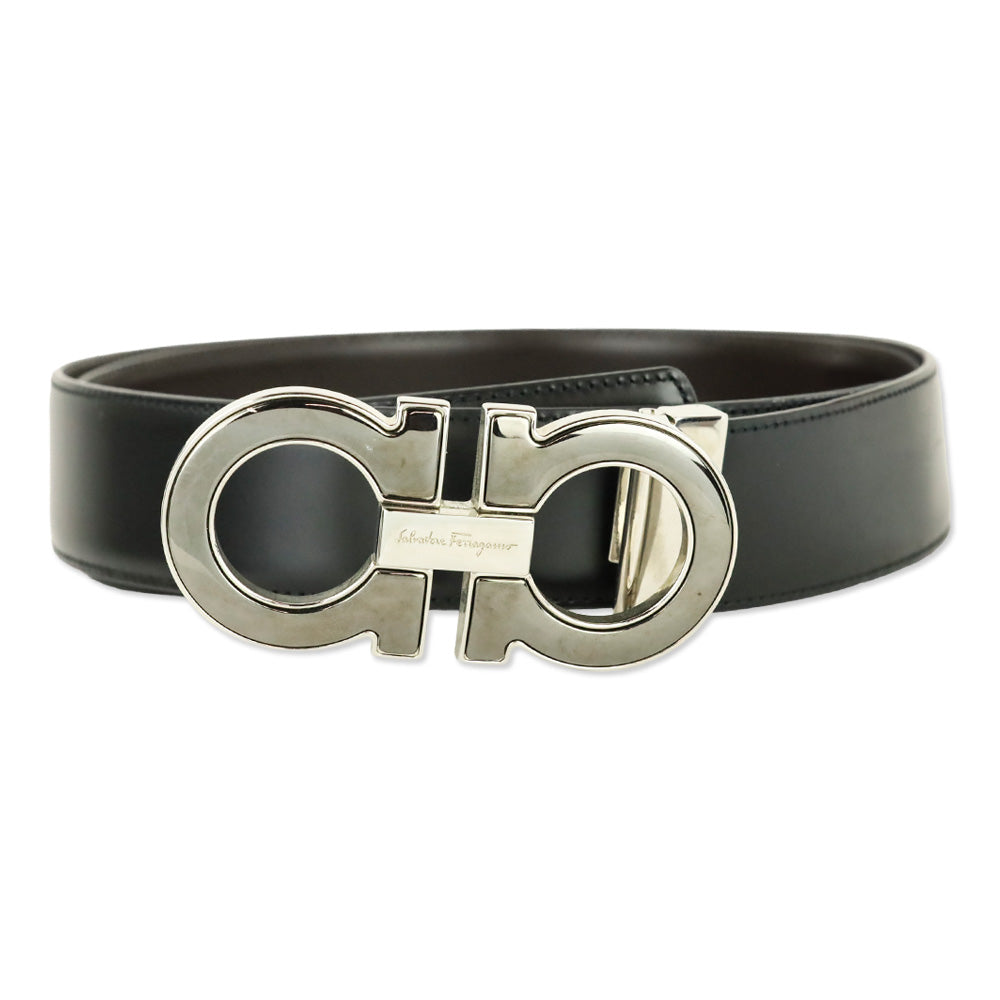 Salvatore Ferragamo Black/Auburn Reversible and Adjustable Double Gancini Belt