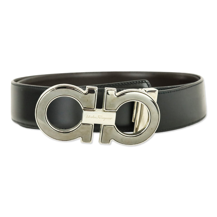 Salvatore Ferragamo Black/Auburn Reversible and Adjustable Double Gancini Belt