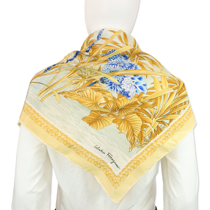 Salvatore Ferragamo Blue Hydrangeas Flamingo Silk Scarf