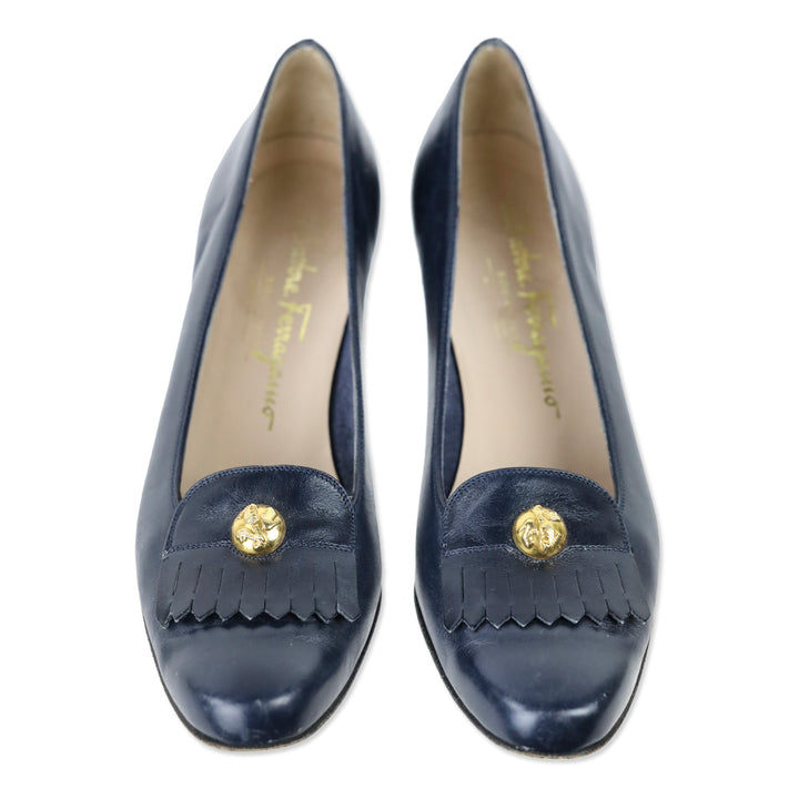 Salvatore Ferragamo Blue Leather Fringe Loafer Pump