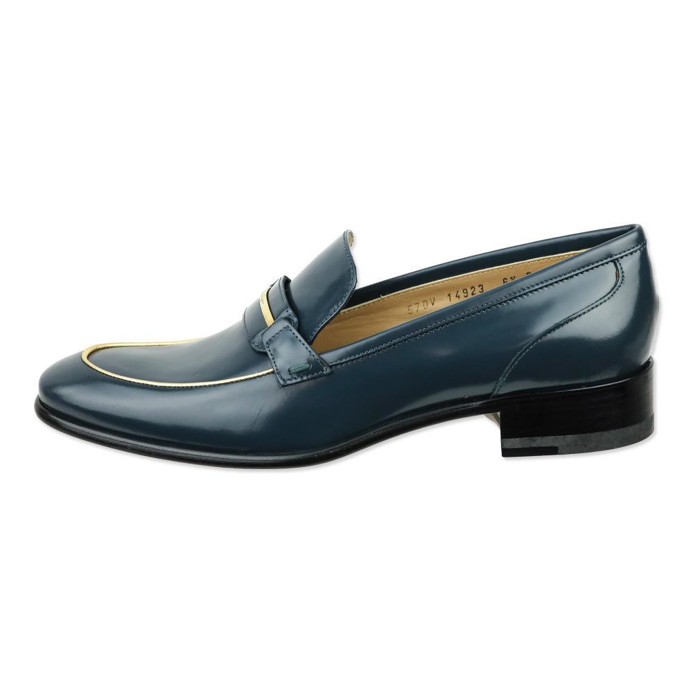 Salvatore Ferragamo Blue Polished Calfskin Gold Trim Reed Loafers