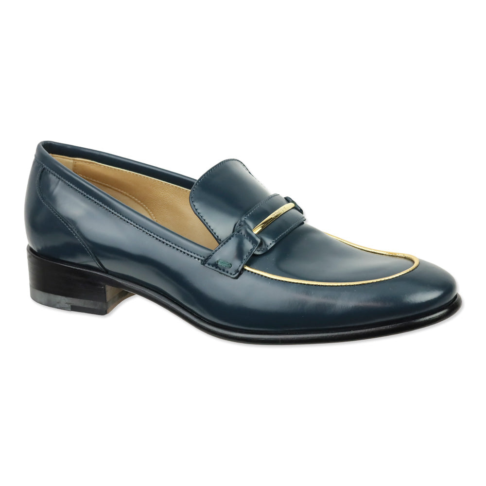 Salvatore Ferragamo Blue Polished Calfskin Gold Trim Reed Loafers