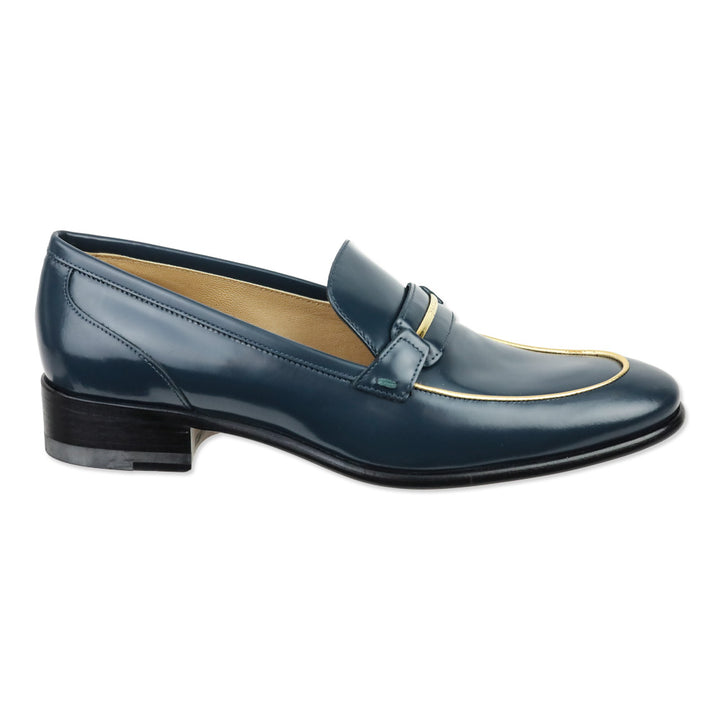 Salvatore Ferragamo Blue Polished Calfskin Gold Trim Reed Loafers