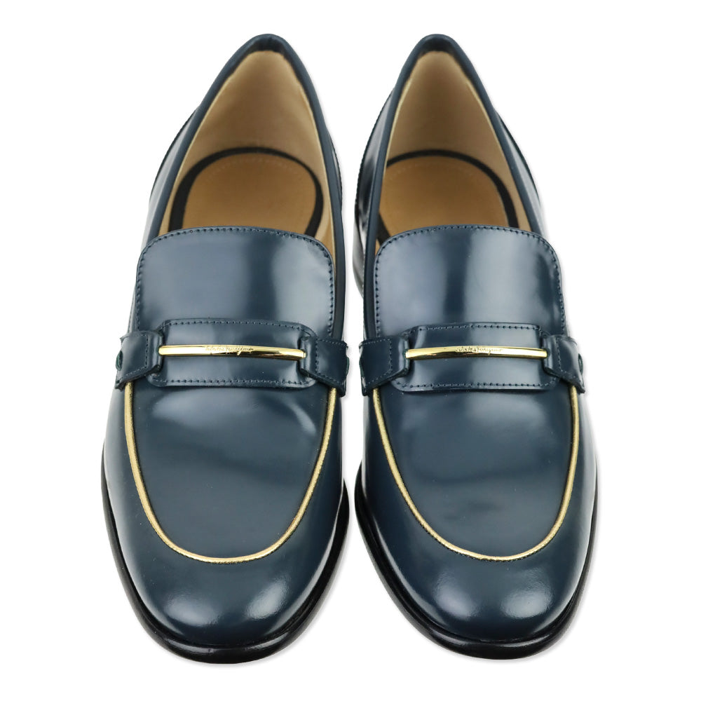 Salvatore Ferragamo Blue Polished Calfskin Gold Trim Reed Loafers