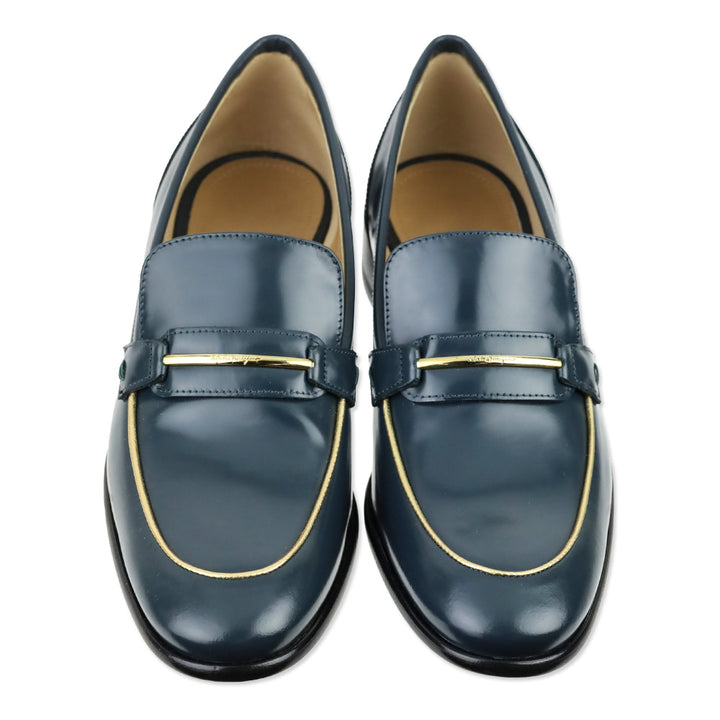 Salvatore Ferragamo Blue Polished Calfskin Gold Trim Reed Loafers