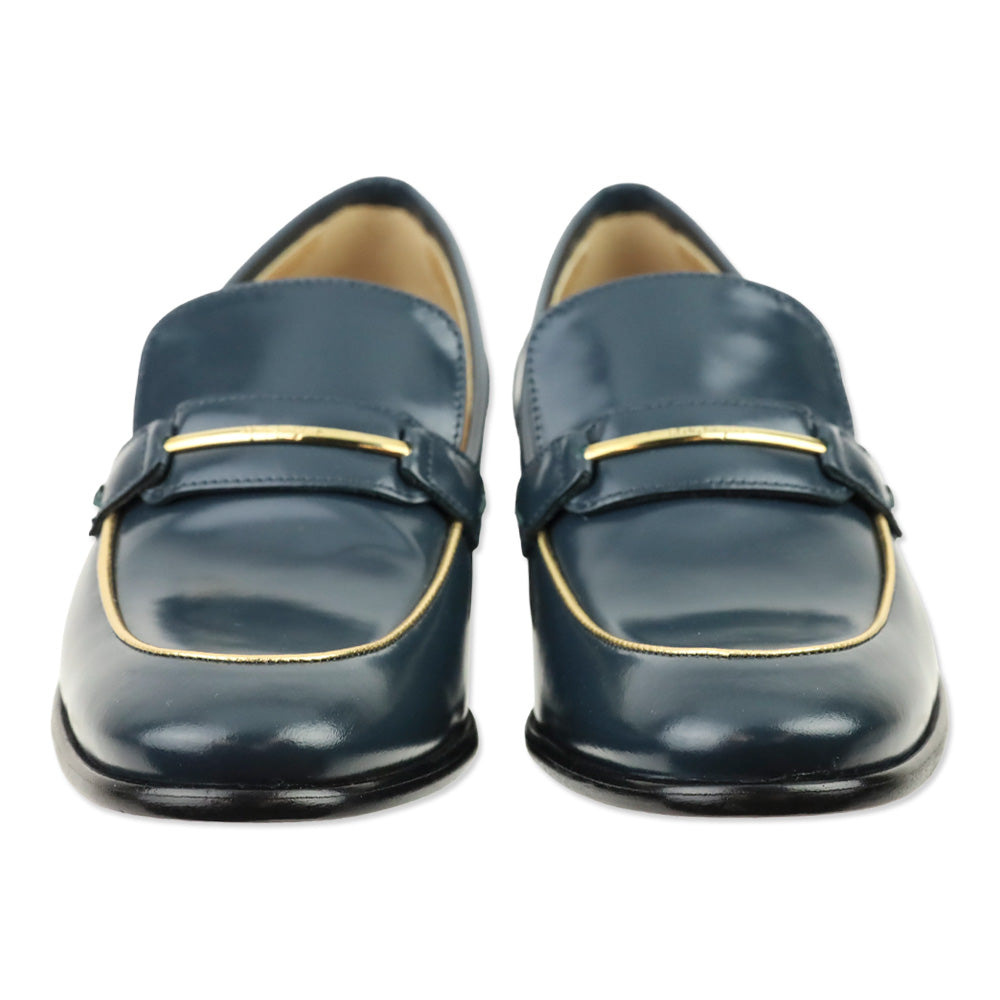Salvatore Ferragamo Blue Polished Calfskin Gold Trim Reed Loafers