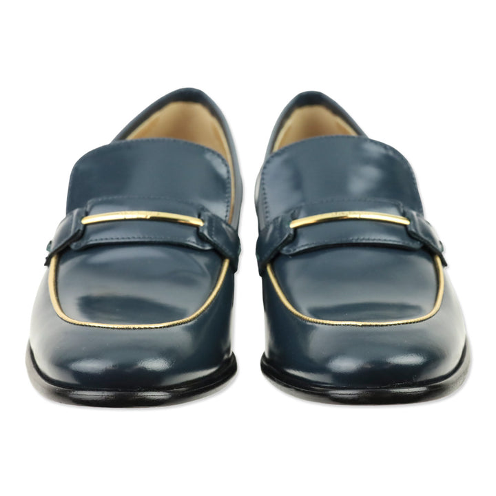 Salvatore Ferragamo Blue Polished Calfskin Gold Trim Reed Loafers
