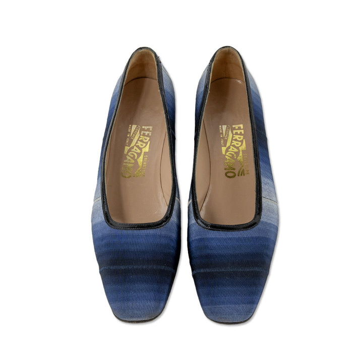 Salvatore Ferragamo Blue Striped Heeled Square Toe Loafers