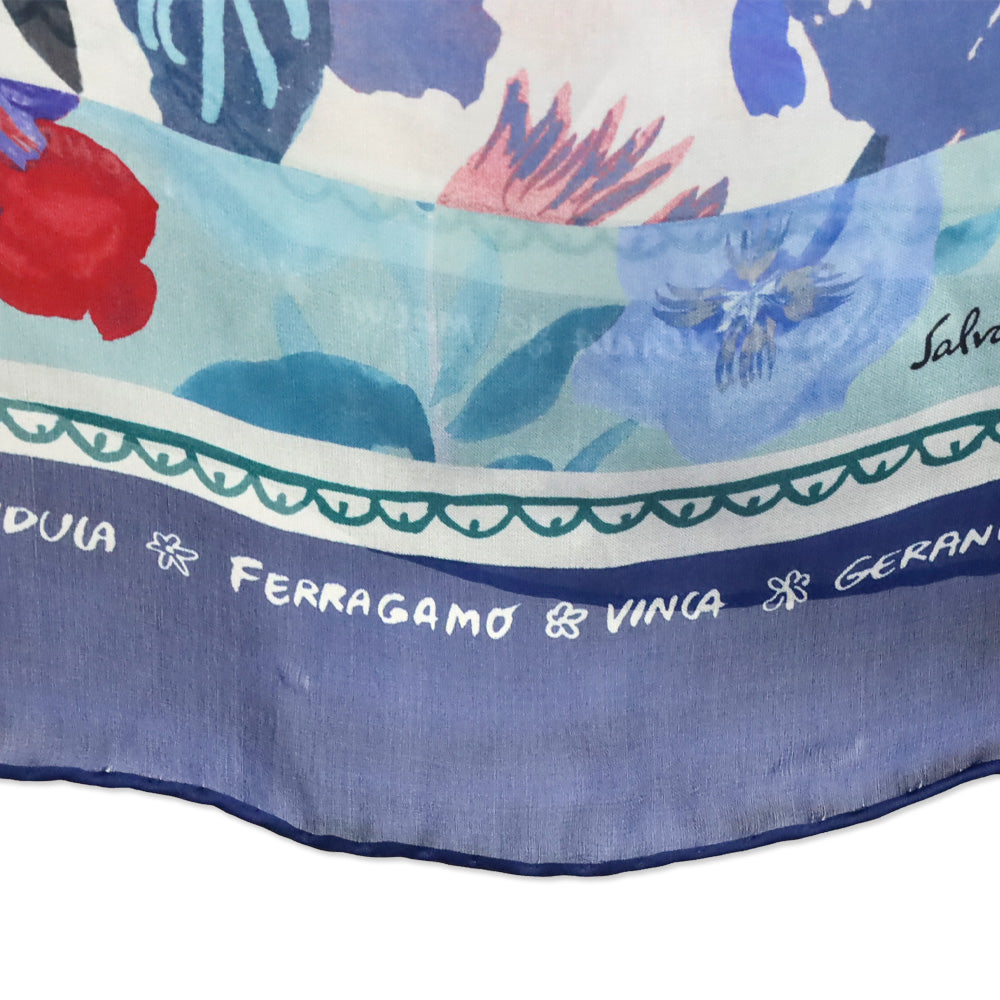 Salvatore Ferragamo Botanic Blue Floral Print Silk Scarf