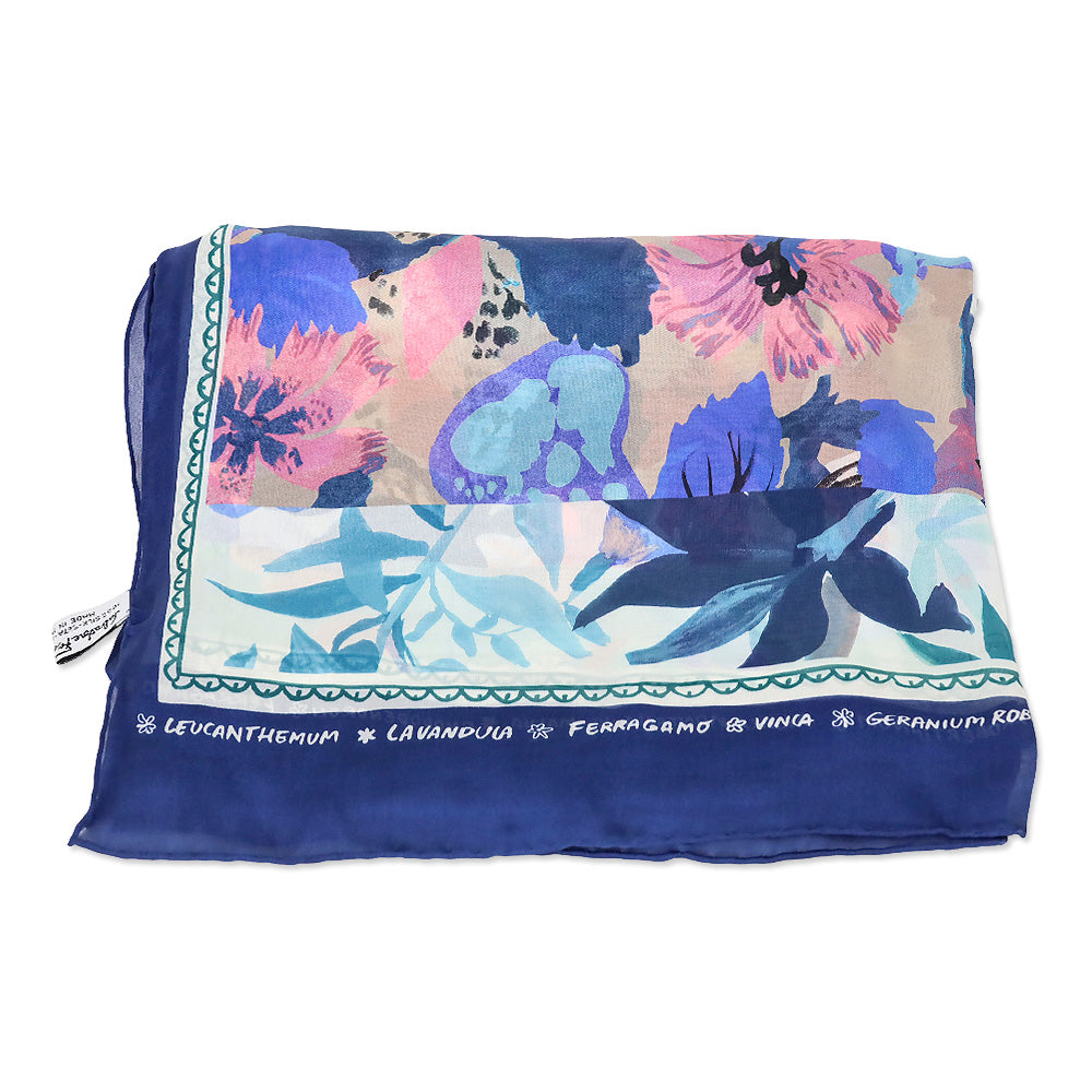 Salvatore Ferragamo Botanic Blue Floral Print Silk Scarf