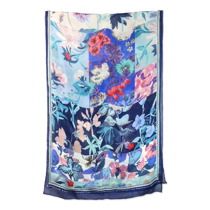 Salvatore Ferragamo Botanic Blue Floral Print Silk Scarf