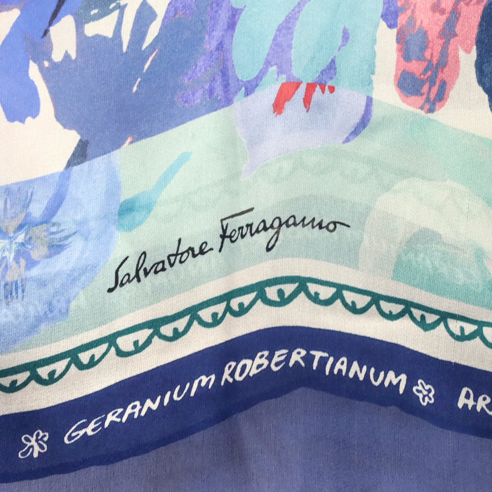 Salvatore Ferragamo Botanic Blue Floral Print Silk Scarf