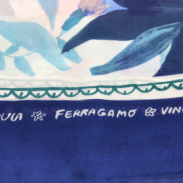 Salvatore Ferragamo Botanic Blue Floral Print Silk Scarf