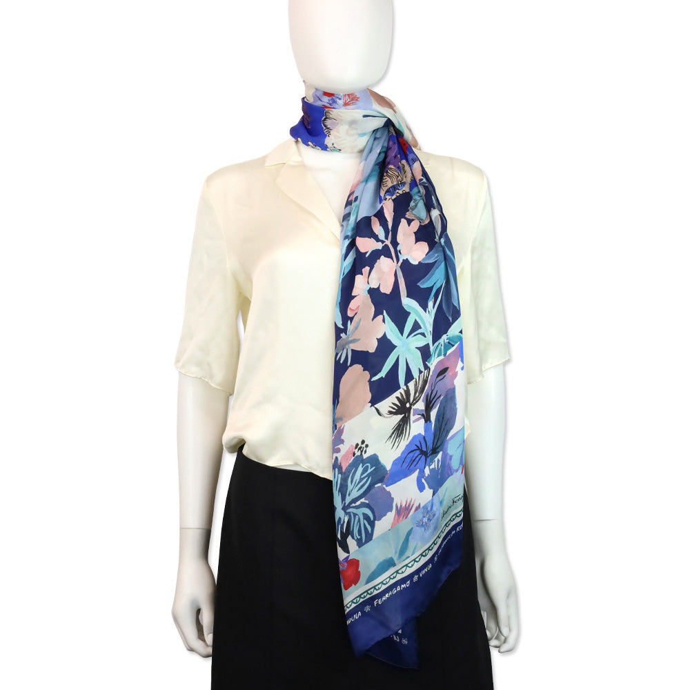 Salvatore Ferragamo Botanic Blue Floral Print Silk Scarf