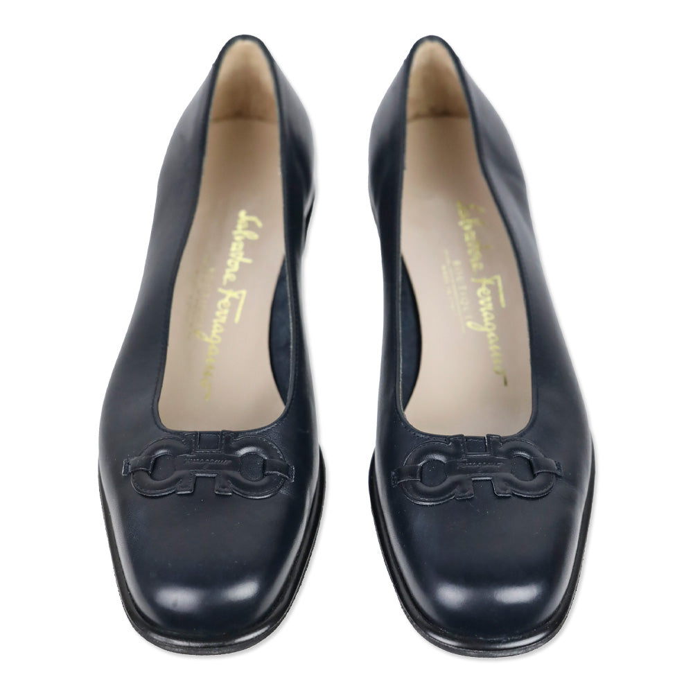 Salvatore Ferragamo Boutique Navy Leather Gancini Flats