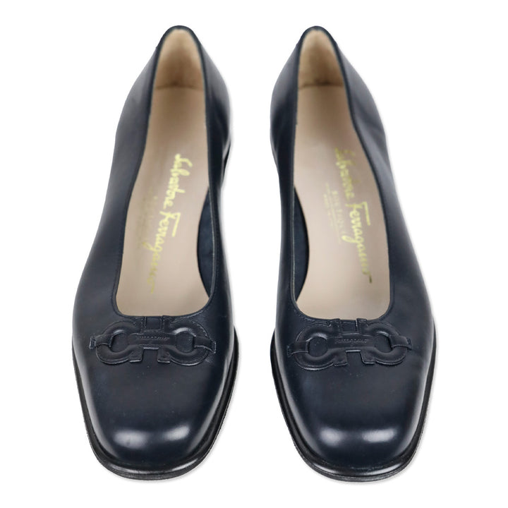 Salvatore Ferragamo Boutique Navy Leather Gancini Flats