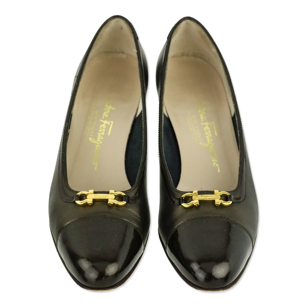 Salvatore Ferragamo Bronze Leather Patent Cap Toe Luisetta Pump
