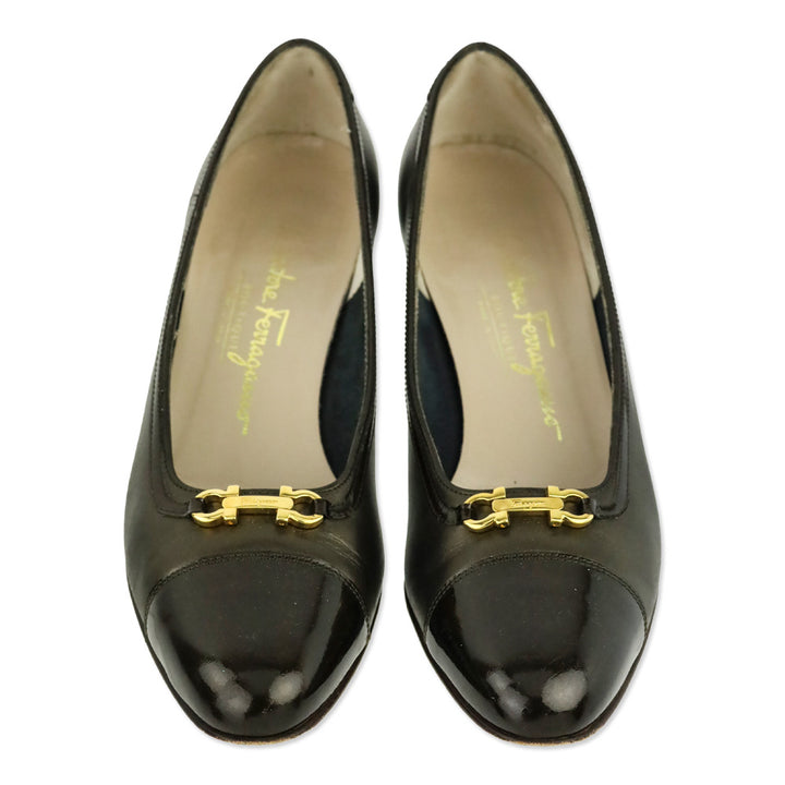 Salvatore Ferragamo Bronze Leather Patent Cap Toe Luisetta Pump